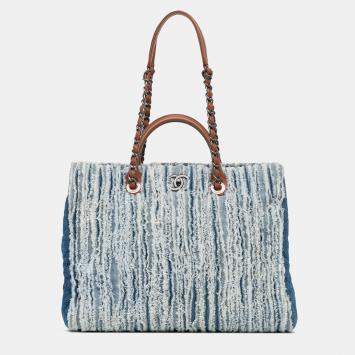 Pre Owned Chanel Blue Large Fringed Denim Shopping Tote