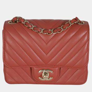 Pre Owned Chanel Coral Chevron Calfskin Quilted Mini Square Flap Bag