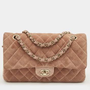 Pre Owned Chanel Beige Quilted Suede Medium Classic Double Flap Bag