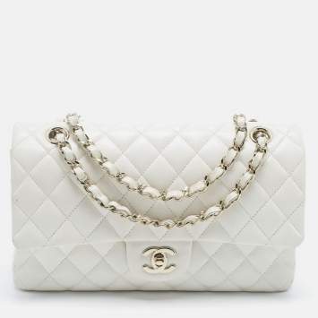 Pre Owned Chanel White Quilted Caviar Leather Medium Classic Double Flap Bag