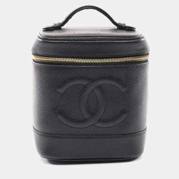 Pre Owned Chanel Coco Mark Vanity Handbag Leather Grained Calfskin Black