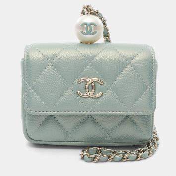 Pre Owned Chanel Matelasse Chain Flap Coin Purse Calfskin Green