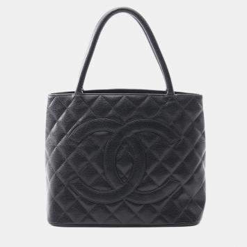 Pre Owned Chanel Medallion Tote Bag Leather Grained Calfskin Black