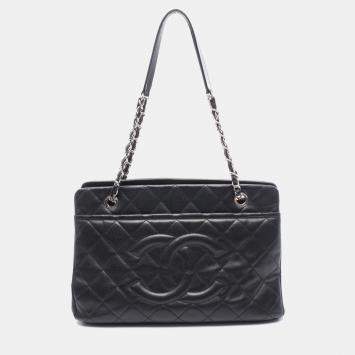 Pre Owned Chanel Chain Shoulder Bag Leather Grained Calfskin Black Cc Coco