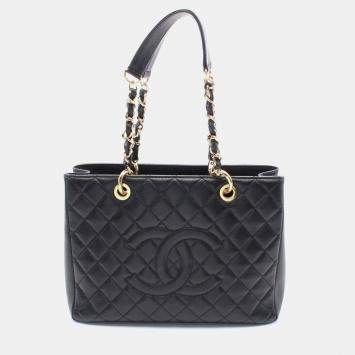 Pre Owned Chanel Black Leather Matelasse Grand Shopping Gst Tote Chain Shoulder Bag GHW