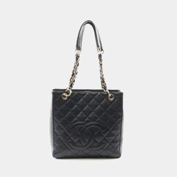 Pre Owned Chanel Matelasse Pst Tote Chain Shoulder Bag Calfskin Black