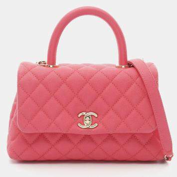 Pre Owned Chanel Coco Handle Flap Matelasse Shoulder Handbag Calfskin Pink