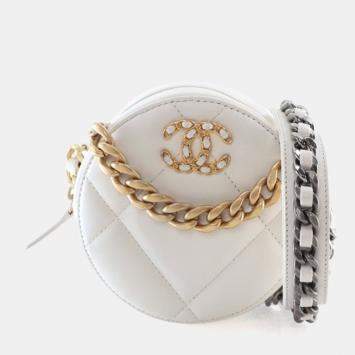 Pre Owned Chanel White Calfskin 19 Round Clutch With Chain