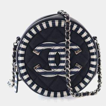 Pre Owned Chanel Blue/White Caviar Round Filigree Clutch With Chain