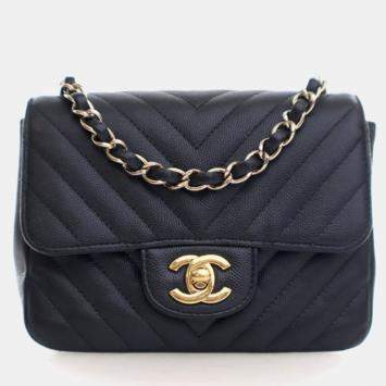 Pre Owned Chanel Mini Caviar Chevron Square Classic Flap Bag