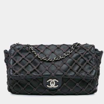 Pre Owned Chanel Black Jumbo Calfskin Canebiers Net Flap