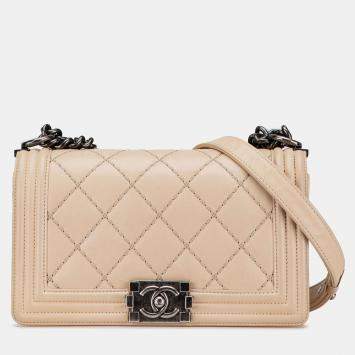 Pre Owned Chanel Beige Old Medium Aged Calfskin Double Stitch Boy Flap