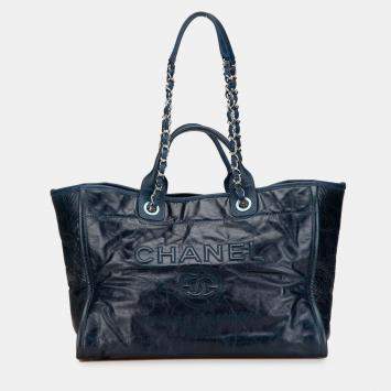 Pre Owned Chanel Navy Blue Medium Glazed Calfskin and Caviar Deauville Tote