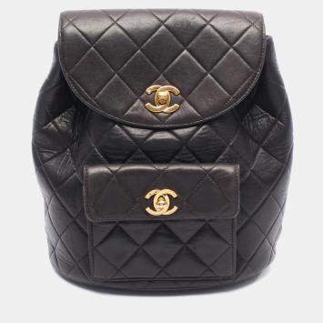 Pre Owned Chanel Matelasse Backpack Bag In Lambskin Leather  Black