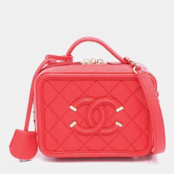 Pre Owned Chanel Filigree Small Red Leather Shoulder Bag