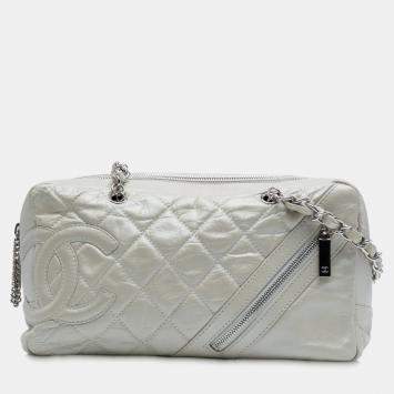 Pre Owned Chanel White Quilted Aged Calfskin Cotton Club Bowler Bag