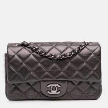 Pre Owned Chanel Grey Mini Rectangular Classic Metallic Lambskin Single Flap