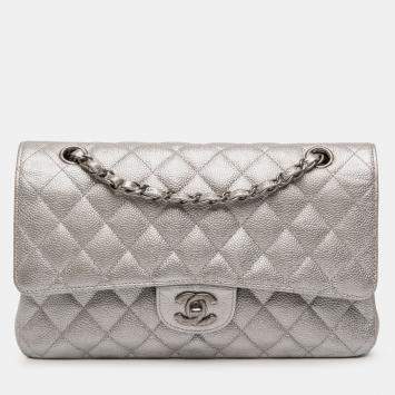 Pre Owned Chanel Silver Medium Classic Iridescent Caviar Double Flap