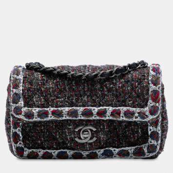 Pre Owned Chanel Black Mini Rectangular Classic Braided Tweed Single Flap