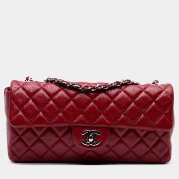 Pre Owned Chanel Red Classic Caviar East West Single Flap