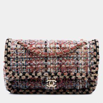 Pre Owned Chanel Brown Medium Classic Tweed Braided Double Flap