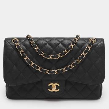 Pre Owned Chanel Black Quilted Caviar Leather Jumbo Classic Double Flap Bag