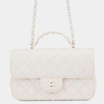 Pre Owned Chanel Matelasse Top Handle Bag White Lambskin Size 20