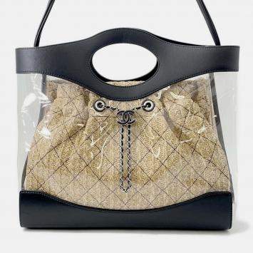 Pre Owned Chanel Matelasse 2-Way Tote Transparent/Black/Beige Plastics Leather Raffia