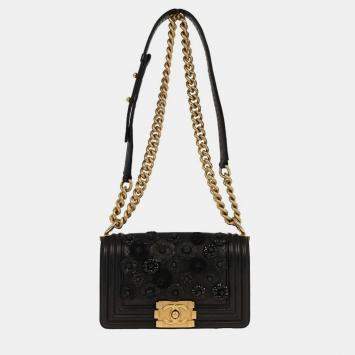 Pre Owned Boy Chanel Black Lambskin Camellia Small Chain Shoulder Bag