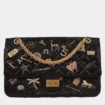 Pre Owned Chanel Black Calfskin 2.55 Lucky Charm Small Classic Double Flap Bag