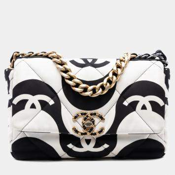 Pre Owned Chanel Black/White Medium Printed Silk 19 Flap