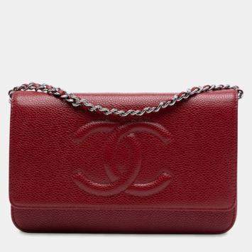 Pre Owned Chanel Red CC Caviar Wallet On Chain