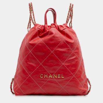 Pre Owned Chanel Red Large Shiny Quilted Calfskin 22 Backpack