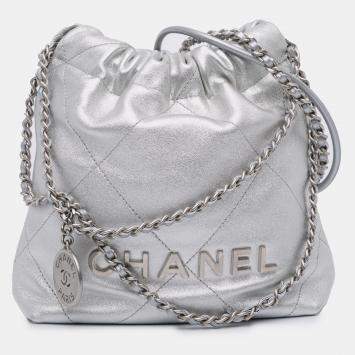 Pre Owned Chanel Silver Mini Metallic Calfskin 22 Satchel
