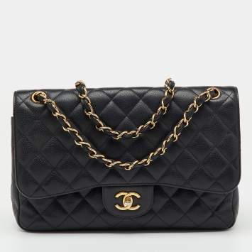 Pre Owned Chanel Black Quilted Caviar Leather Jumbo Classic Double Flap Bag