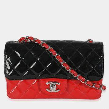 Pre Owned Chanel Red Black Quilted Patent Bi-Color Mini Rectangular Flap Bag