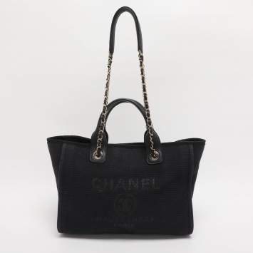 Pre Owned Chanel Indigo Canvas and Leather Small Deauville Shopper Tote