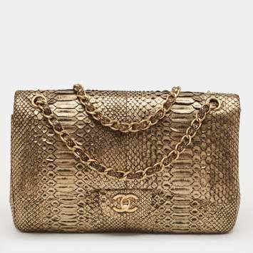 Pre Owned Chanel Gold/Black Python Jumbo Classic Double Flap Bag