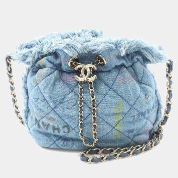Pre Owned Chanel Matelasse Blue Denim Small Bucket Shoulder Bag