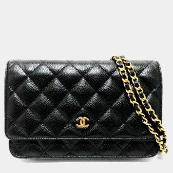 Pre Owned Chanel Coco Mark Classic Long Wallet Matelasse Chain Shoulder Bag Caviar Skin Black