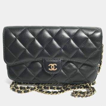 Pre Owned Chanel Coco Mark Phone Case Wallet Cc Matelasse Chain Long Wallet Black Lambskin