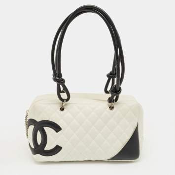 Pre Owned Chanel White/Black Quilted Leather Cambon Ligne Bowler Bag