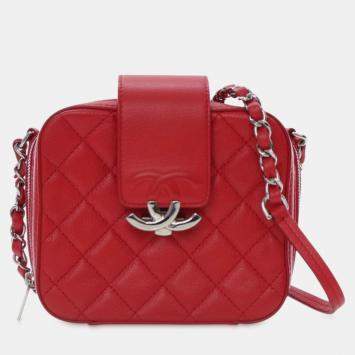 Pre Owned Chanel Red Mini Quilted Caviar CC Box Camera Bag