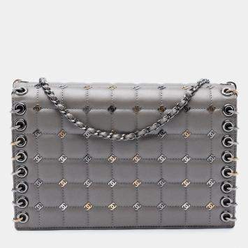 Pre Owned Chanel Grey Small Lambskin Chocolate Bar CC Piercing Studded Chain Flap