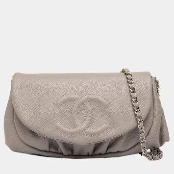 Pre Owned Chanel Brown CC Caviar Half Moon Wallet on Chain