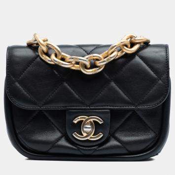 Pre Owned Chanel Black Mini Quilted Lambskin Chain Top Handle Flap