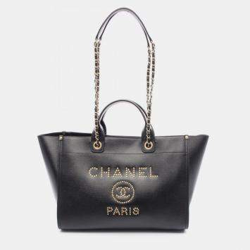 Pre Owned Chanel Deauville Black Leather Tote Bag