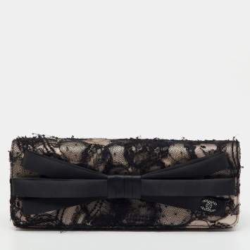 Pre Owned Chanel Black/Beige Lace and Satin CC Bow Clutch