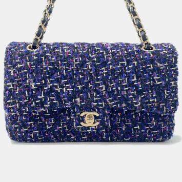 Pre Owned Chanel Matelasse Double Flap Chain shoulder Purple/Black Tweed Size 25