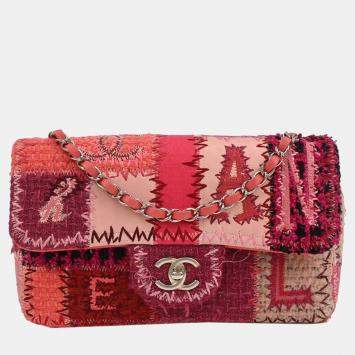 Pre Owned Chanel Pink Tweed Single Flap Patchwork Shoulder Bag